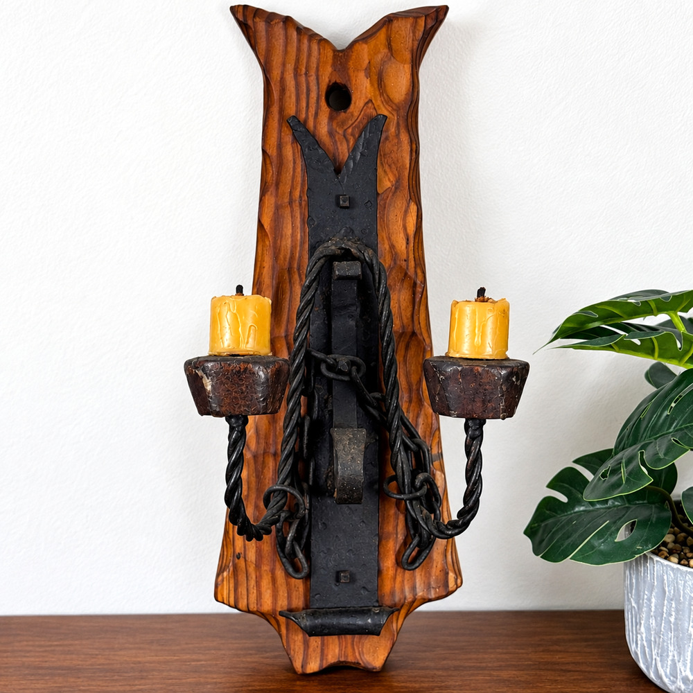 Vintage Folk Art Wood & Iron Double Candle Sconce Tramp Art Style Rustic Spain